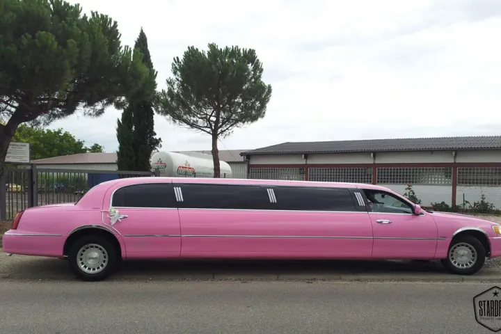 Pinke Stretch-Limousine Lincoln Pink vor Pinien