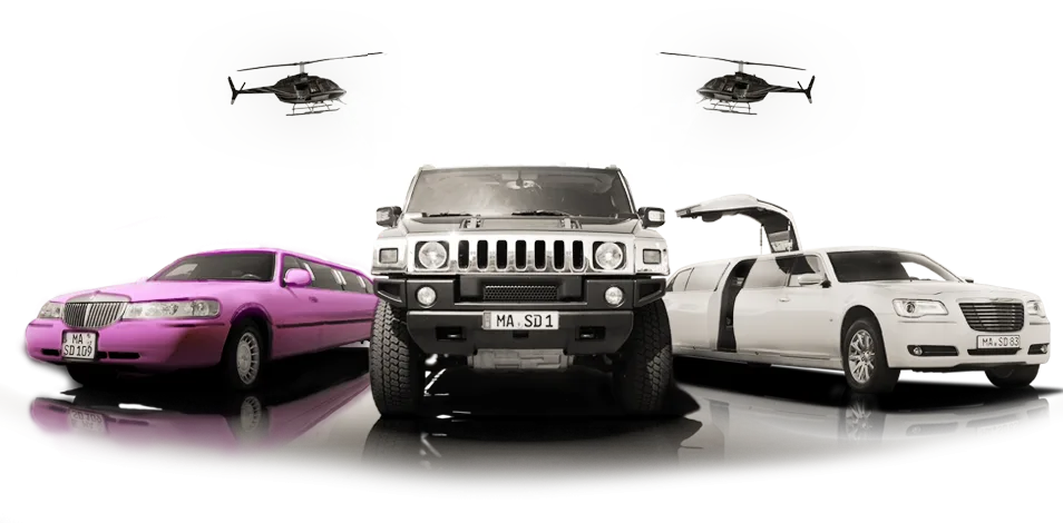 Die STARDRIVE-Flotte: pinker Lincoln, Hummer H2 und weißer Chrysler 300C mit zwei Helikoptern