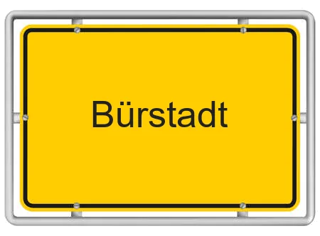 Gelbes Ortsschild mit der Aufschrift Bürstadt
