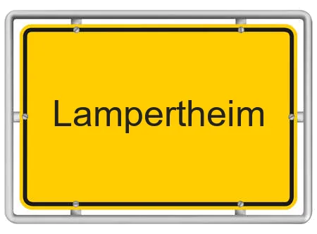 Gelbes Ortsschild mit der Aufschrift Lampertheim