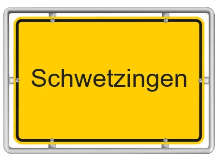 Gelbes Ortsschild mit der Aufschrift Schwetzingen