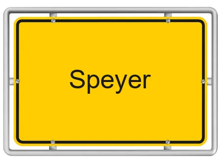 Gelbes Ortsschild mit der Aufschrift Speyer